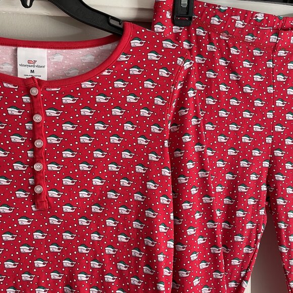 Vineyard Vines Holiday Santa Whales Long Pajama Sleep SET Size M Red Cotton PJs - Picture 6 of 13
